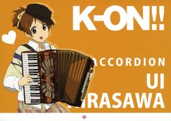  absurdres accordion blush comiket_79 female hat highres hirasawa_ui instrument k-on! music official_art open_mouth plaid plaid_skirt playing_instrument scan simple_background skirt smile solo ueno_chiyoko 