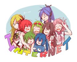  2boys 6+girls bare_shoulders blonde_hair blue_eyes blue_hair brown_eyes brown_hair chika_(vocaloid) choker closed_eyes commentary company_connection crossed_arms cul eel_hat everyone goggles goggles_on_head green_hair gumi headphones hug kamui_gakupo kokone_(vocaloid) lily_(vocaloid) long_hair mi_no_take multiple_boys multiple_girls necktie otomachi_una pink_hair ponytail purple_hair red_hair ryuuto_(vocaloid) short_hair short_ponytail short_sleeves smile striped striped_necktie twitter_username v vocaloid wavy_hair 