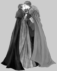  1boy a_song_of_ice_and_fire alternate_universe animification bad_id bad_pixiv_id braid cape dress female gloves greyscale kissing monochrome photoshop_(medium) sansa_stark single_braid siuuu straight theon_greyjoy 