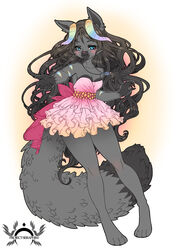  absurd_res anthro clothed clothing dress felid female fluffysteambunny hair hi_res horn jewelry long_hair makeup mammal mascara necklace pigeon_toed smile solo standing wide_hips 