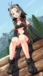  ahoge american_beaver_(kemono_friends) animal_ears bandeau beaver_ears bike_shorts boots breasts brown_eyes cloud commentary_request day elbow_gloves extra_ears female forehead fur_collar gloves gochiwa grey_hair hair_ornament hairclip highres jacket kemono_friends log looking_at_viewer mountain navel open_clothes open_jacket open_mouth outdoors shorts signature small_breasts solo strapless tail torn_clothes torn_shorts torn_sleeves tree 