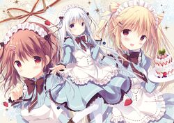  3girls :d apron black_bow blonde_hair blue_shirt blue_skirt blush bow bowtie brown_eyes brown_hair cake chocolat_neige floating_hair food frilled_apron frills fruit furukura_meru hair_between_eyes highres holding juliet_sleeves long_hair long_sleeves looking_at_viewer maid maid_headdress miyohashi_koori multiple_girls necktie open_mouth puffy_sleeves purple_eyes red_bow red_bowtie red_necktie shiratama_(shiratamaco) shirt skirt smile strawberry sugatem!_-sugarfull_tempering- twintails very_long_hair white_apron white_hair white_legwear 