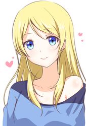  alternate_hairstyle ayase_eli blonde_hair blue_eyes collarbone commentary_request female hair_down heart long_hair looking_at_viewer love_live! love_live!_school_idol_project off_shoulder simple_background solo upper_body white_background yuki_(sangeki5806) 