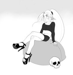  closed_mouth crop_top eyebrows female gothetta_gothetticus gruftine high_heels long_hair maniacbox navel ponytail school_for_vampires shoes shorts simple_background skull solo vampire 