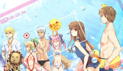  3boys 3girls archer_(black_swimmer)_(fate) archer_(fate) ball beachball bikini blonde_hair brown_eyes brown_hair closed_eyes commentary_request fate/extra fate/extra_ccc fate_(series) gilgamesh_(excited_swimmer)_(fate) gilgamesh_(fate) green_eyes grey_eyes innertube kishinami_hakuno_(female) kishinami_hakuno_(male) long_hair male_swimwear multiple_boys multiple_girls nero_claudius_(fate) nero_claudius_(fate/extra) nero_claudius_(red_lightning)_(fate) official_alternate_costume one-piece_swimsuit photoshop_(medium) pink_hair puyue red_eyes rubber_duck school_swimsuit short_hair slingshot_swimsuit smile stuffed_animal stuffed_lion stuffed_toy swim_briefs swim_ring swim_trunks swimsuit tamamo_(fate) tamamo_no_mae_(fate/extra) tamamo_no_mae_(sexy_bikini)_(fate) twintails white_hair 