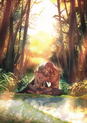  2boys bird blue_hair brown_hair commentary_request couple dramatical_murder forest ichi_yasushi imminent_kiss long_hair male_focus mink_(dramatical_murder) multiple_boys nature outdoors photoshop_(medium) seragaki_aoba sitting smile tree water yaoi 