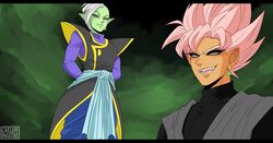  2boys dragon_ball dragon_ball_super earrings evil_pink_eyelashes eyelashes fangs gokuu_black green_skin grey_eyes jewelry male_focus mohawk multiple_boys pink_hair redraw_screenshot source_request super_saiyan_rose white_hair zamasu 