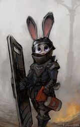  2016 abstract_background ambiguous_gender anthro armor better_version_at_source big_eyes clothed clothing disney fur headgear helmet holding_object judy_hopps karbik lagomorph leporid looking_at_viewer mammal outside police purple_eyes rabbit riot_gear riot_shield shield solo standing zootopia 