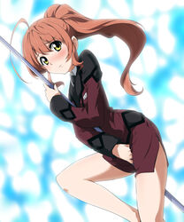  active_raid ahoge between_legs bioroid_hei black_necktie blush brown_hair brown_jacket brown_skirt commentary_request female floating_hair hair_between_eyes hand_between_legs jacket long_hair long_sleeves looking_at_viewer miniskirt necktie pencil_skirt pole_dancing ponytail side_slit skirt solo uniform very_long_hair yamabuki_rin yellow_eyes 