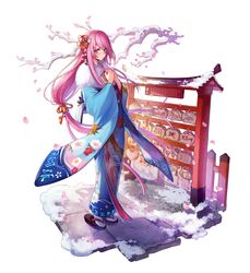  blue_kimono blush dare_ga_tame_no_alchemist female flower full_body furisode hair_flower hair_ornament holding japanese_clothes kimono long_hair long_sleeves looking_at_viewer low-tied_long_hair official_art pink_eyes pink_hair sandals snow solo standing suzuka_(dare_ga_tame_no_alchemist) tabi wide_sleeves 