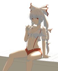  bad_id bad_pixiv_id bow breasts cleavage female food fujiwara_no_mokou groin hairbow long_hair medium_breasts midriff navel ponytail popsicle red_eyes red_shorts shino_(r_shughart) shirt short_shorts shorts sitting solo suspenders tied_shirt touhou white_hair 