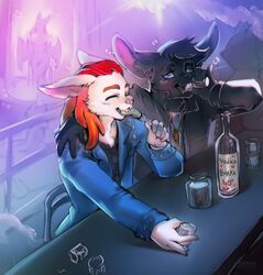  alcohol anthro beverage clothed clothing drunk duo food fur hair hi_res kardie lagomorph leporid mammal open_mouth rabbit smile strip_club substance_intoxication vodka 