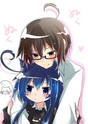  1boy :&lt; :3 ^_^ acchi_kocchi ahoge animal_ears artist_name black-framed_eyewear blue_eyes blue_hair blush brown_hair cardigan cat_ears closed_eyes closed_mouth collared_shirt colored_eyelashes commentary_request couple female glasses hair_between_eyes highres hug hug_from_behind huge_ahoge kana_(251373) kemonomimi_mode miniwa_tsumiki otonashi_io partially_colored school_uniform semi-rimless_eyewear shirt silhouette sleeves_past_wrists smile straight thought_bubble under-rim_eyewear white_background white_shirt wing_collar 