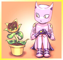  :&lt; animal_ears border cat_ears chibi commentary_request diamond_wa_kudakenai flower jojo_no_kimyou_na_bouken kamiura killer_queen no_humans plant potted_plant slit_pupils stand_(jojo) stray_cat_(jojo) 