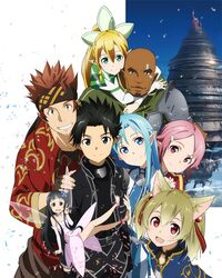  3boys 5girls :d agil agil_(sao-alo) aincrad animal_ears armor asuna_(sao) asuna_(sao-alo) bad_link barefoot cat_ears cat_girl dark-skinned_male dark_skin elf fairy fairy_wings floating_castle flying grin hug kirito kirito_(sao-alo) klein_(sao) klein_(sao-alo) leafa lisbeth_(sao) lisbeth_(sao-alo) mini_person minigirl multiple_boys multiple_girls official_art open_mouth pointy_ears shoulder_armor silica silica_(sao-alo) smile sword_art_online white_wings wings yui_(sao) yui_(sao-alo) 