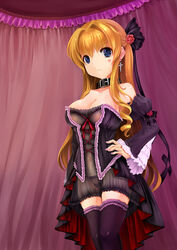  bare_shoulders black_legwear black_panties black_thighhighs blonde_hair blue_eyes breasts cleavage closed_mouth collar collarbone cross detached_sleeves earring earrings female female flower frilled_legwear frilled_sleeves frills hair_flower hair_ornament hand_on_hip heart jewelry lingerie long_hair long_sleeves looking_at_viewer midriff nail_polish navel original panties rhineheim see-through sleeves_past_wrists solo straight_hair thighhighs underwear zettai_ryouiki 