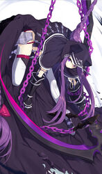  bad_id bad_pixiv_id black_capelet black_leotard braid capelet commentary_request dutch_angle fate/grand_order fate_(series) female gauntlets grey_footwear harpe holding holding_scythe hood hood_up hooded_capelet leotard long_hair looking_away medusa_(fate) medusa_(lancer)_(fate) purple_eyes purple_hair scythe shoes sidelocks solo thighhighs torn_clothes touzai_(poppin_phl95) very_long_hair white_thighhighs 