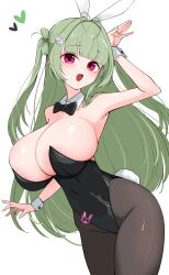  :o absurdres animal_ears antenna_hair areola_slip arm_up bare_arms bare_shoulders black_leotard black_pantyhose breasts cowboy_shot fake_animal_ears fake_tail female from_side goddess_of_victory:_nikke green_hair green_nails groin hair_ornament heart highleg highleg_leotard highres huge_breasts leaning_forward leotard light_blush long_hair looking_at_viewer nail_polish oha_(oha_h22) open_mouth pantyhose playboy_bunny purple_eyes rabbit_ears rabbit_pose rabbit_tail simple_background soda_(nikke) soda_(twinkling_bunny)_(nikke) solo strapless strapless_leotard tail teeth two_side_up upper_teeth_only very_long_hair white_background white_wrist_cuffs wrist_cuffs 