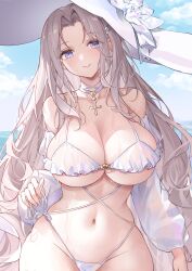  absurdres again_(depr4447) azur_lane bare_shoulders bikini blue_eyes blue_sky blush breasts choker cleavage cross female hat highres large_breasts long_hair looking_at_viewer navel ocean official_alternate_costume outdoors see-through see-through_sleeves sky solo sun_hat swimsuit very_long_hair white_bikini white_choker white_hair yorktown_(azur_lane) yorktown_ii_(azur_lane) yorktown_ii_(bright-sky_mermaid)_(azur_lane) 