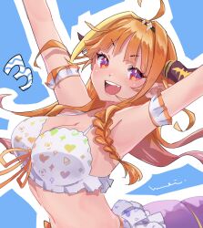  ahoge armpits arms_up bikini blonde_hair blue_background breasts cleavage dragon_girl dragon_horns dragon_tail female frilled_bikini frills hololive hololive_summer_2022_swimsuit horns kiryu_coco kyou_fumei looking_at_viewer multicolored_hair open_mouth orange_hair pointy_ears red_eyes smile streaked_hair swimsuit tail teeth upper_teeth_only virtual_youtuber white_bikini 