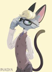  absurd_res animal_crossing anthro blonde_hair bukoya clothed clothing domestic_cat eyewear felid feline felis fingers fur glasses green_eyes grey_body grey_fur hair hi_res inner_ear_fluff male mammal nintendo raymond_(animal_crossing) solo tail tuft 