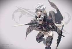  au_ra bimel_isabella boots dragon_horns dragon_tail dual_wielding female final_fantasy final_fantasy_xiv fingerless_gloves gloves grey_background grey_hair hair_between_eyes holding holding_sword holding_weapon horns jacket long_hair looking_at_viewer open_clothes open_jacket red_eyes solo sword tail thigh_boots viper_(final_fantasy) warrior_of_light_(ff14) weapon 