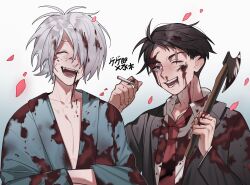  2boys axe baiyue black_jacket blood blood_on_clothes blood_on_face blood_on_weapon blue_eyes blue_kimono brown_hair chinese_commentary cigarette collared_shirt commentary_request crossed_arms falling_petals gegege_no_kitarou hair_over_one_eye highres holding holding_axe holding_cigarette holding_weapon jacket japanese_clothes kimono kitarou_tanjou:_gegege_no_nazo long_sleeves male_focus medama_oyaji_(human) mizuki_(gegege_no_kitarou) multiple_boys necktie oerba_yun_fang one_eye_closed open_clothes open_jacket open_mouth petals red_necktie shirt smile translation_request weapon white_hair white_shirt 