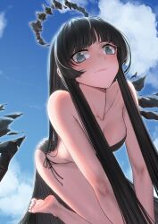  all_fours arknights bare_shoulders barefoot bikini black_bikini black_hair black_ribbon blue_sky blush breasts cleavage closed_mouth cloud collarbone day detached_wings energy_wings female halo highres long_hair looking_at_viewer medium_breasts mole mole_under_eye outdoors ribbon side-tie_bikini_bottom sidelocks sky smile solo strapless strapless_bikini swimsuit twitter_username very_long_hair virtuosa_(arknights) wings yamauchi_(conan-comy) 