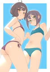  2girls ahoge ass ass_visible_through_thighs bikini blue-framed_eyewear blue_background blue_bikini blue_nails blunt_bangs blush breasts brown_hair closed_mouth commentary_request cowboy_shot double-parted_bangs flat_chest from_below glasses green_eyes halterneck highres holding_hands kantai_collection kishinami_(kancolle) licking_lips looking_at_viewer multiple_girls nail_polish navel okinami_(kancolle) purple_bikini purple_hair purple_nails sakieko short_hair side-tie_bikini_bottom sidelocks simple_background small_breasts smile standing stomach swimsuit thighs tongue tongue_out yellow_eyes 