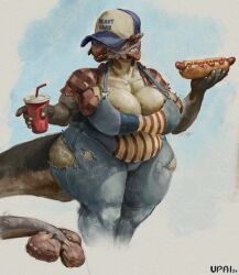  absurd_res american_flag_clothing ankylosaurian ankylosaurid anthro beak big_breasts big_tail breasts cleavage clothed clothing dinosaur fast_food female food front_view fully_clothed hat_over_eyes hi_res hot_dog huge_breasts non-mammal_breasts ornithischian overweight overweight_anthro overweight_female prehistoric_species reptile scalie solo spikes standing suspenders tail thick_tail thick_thighs thyreophoran trucker trucker_hat upai wide_hips 