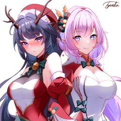  2girls alternate_costume artist_name bare_shoulders blue_eyes blush bow bowtie breasts cleavage commission dress elf elysia_(honkai_impact) elysia_(miss_pink_elf)_(honkai_impact) fake_antlers green_bow green_bowtie hair_between_eyes hat honkai_(series) honkai_impact_3rd large_breasts long_sleeves looking_at_viewer multiple_girls pink_hair pointy_ears puffy_long_sleeves puffy_sleeves purple_eyes purple_hair raiden_mei red_dress santa_dress santa_hat see-through see-through_cleavage skeb_commission tyenka7728 upper_body white_background white_dress 