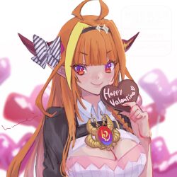  ahoge balloon black_jacket blonde_hair breasts candy chocolate cleavage cleavage_cutout closed_mouth clothing_cutout dragon_girl dragon_horns female food heart heart-shaped_chocolate heart_balloon holding holding_chocolate holding_food hololive horns jacket kiryu_coco kiryu_coco_(1st_costume) kyou_fumei large_breasts looking_at_viewer multicolored_hair orange_hair pointy_ears red_eyes solo streaked_hair virtual_youtuber 