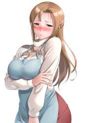  absurdres apron averting_eyes blue_apron blush breasts brown_eyes brown_hair chishio_(onoderayui) commentary_request female hand_on_own_arm highres konoe_kanata/haruka&#039;s_mother large_breasts long_hair long_sleeves love_live! love_live!_nijigasaki_high_school_idol_club mature_female shy simple_background solo sweater turtleneck turtleneck_sweater white_background 