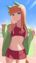  absurdres animal_ears blunt_bangs chisaku commentary ear_covers female flat_chest green_jacket hairband highres horse_ears horse_girl horse_tail jacket long_hair looking_at_viewer navel open_clothes open_jacket orange_hair outdoors red_shorts red_sports_bra short_shorts shorts silence_suzuka_(umamusume) smile solo sports_bikini sports_bra standing stomach tail umamusume 