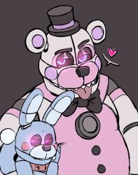  2023 animatronic animatronics bear blue_body blue_eyes bowtie bunny eyes_half_open five_nights_at_freddy&#039;s five_nights_at_freddy&#039;s:_sister_location fnaf funtime_freddy funtime_freddy_(fnafsl) glowing_eyes half-closed_eyes hat heart heart-shaped_pupils looking_at_viewer male male_only pink_body pink_eyes puppet_bonnie_(fnafsl) rabbit robot scottgames sharp_teeth simple_background simple_coloring smirk smirking smirking_at_viewer spaceandroids tongue tongue_out white_body 