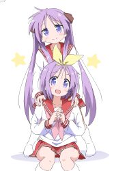  2girls :d absurdres blue_eyes blush closed_mouth collarbone commentary_request cynical_(llcbluckg_c004) hair_ribbon hands_on_another&#039;s_shoulders highres hiiragi_kagami hiiragi_tsukasa kneehighs long_hair long_sleeves lucky_star multiple_girls neckerchief open_mouth own_hands_together panties pantyshot pink_neckerchief purple_eyes purple_hair red_sailor_collar red_skirt ribbon ryouou_school_uniform sailor_collar school_uniform serafuku siblings simple_background sisters sitting skirt smile socks standing star_(symbol) tongue twins twintails underwear white_background white_panties white_socks winter_uniform 