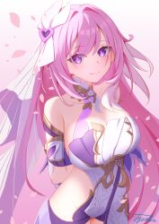  absurdres arm_behind_back artist_name bare_shoulders black_shorts breasts bridal_veil cleavage clothing_cutout commission cowboy_shot detached_sleeves elf elysia_(herrscher_of_human:_ego)_(honkai_impact) elysia_(honkai_impact) falling_petals female hair_between_eyes highres honkai_(series) honkai_impact_3rd large_breasts long_hair looking_at_viewer petals pink_background pink_hair pointy_ears purple_eyes second-party_source shirt short_shorts short_sleeves shorts side_cutout triquetra tyenka7728 veil very_long_hair white_shirt white_veil 