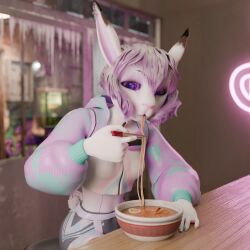  3d_(artwork) absurd_res anthro blender_cycles cyberpunk digital_media_(artwork) female food hi_res maple_(disambiguation) mokson noodles ramen rendered solo 