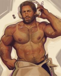  1boy abs absurdres arthur_morgan bara black_pants brown_hair facial_hair headphones heart highres holo_eden large_pectorals male_focus mature_male muscular muscular_male navel nipples pants pectorals red_dead_redemption red_dead_redemption_2 short_hair solo tan topless_male 