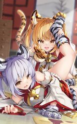  absurdres animal_ears animal_hands bai_(granblue_fantasy) bare_shoulders chinese_zodiac cosplay detached_sleeves erune fur-trimmed_gloves fur_trim gloves granblue_fantasy highres huang_(granblue_fantasy) hyouta_(yoneya) paw_gloves paw_shoes siblings tail tiger tiger_ears tiger_girl tiger_paws tiger_tail twins white_tiger_print 