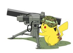  anti-tank_missile bad_id bad_twitter_id camouflage camouflage_headwear closed_mouth commentary frown green_headwear helmet highres no_humans pikachu pokemon pokemon_(creature) shadow simple_background soldier takenotcool type_9_hmat weapon white_background 