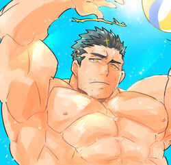  1boy abs bad_id bad_pixiv_id ball bara day facial_hair falling fire flaming_halo halo large_pectorals looking_at_viewer male_focus mature_male muscular muscular_male nipples nude pectorals po_fu short_hair sideburns sky solo stubble sunlight sweat thick_eyebrows tokyo_afterschool_summoners upper_body volleyball volleyball_(object) zabaniyya_(housamo) 