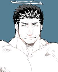  1boy bad_id bad_pixiv_id bara blue_background blue_theme bodysuit facial_hair fire flaming_halo halo large_pectorals male_focus mature_male monochrome moustache muscular muscular_male pectorals po_fu short_hair sideburns skin_tight solo stubble thick_eyebrows tokyo_afterschool_summoners upper_body zabaniyya_(housamo) 