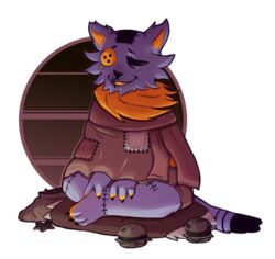  2018 3_fingers 3_toes alpha_channel ambiguous_gender animate_inanimate anthro bag barefoot biped black_eyes brown_background brown_clothing burger button_(fastener) button_eyes cheek_tuft claws clothed clothing coat countershade_feet countershading crossed_legs cushion darkner deltarune digital_media_(artwork) dipstick_tail domestic_cat facial_tuft feet felid feline felis fingers fivenightsatsnowys food fully_clothed fur half-closed_eyes living_plushie mammal markings monster multicolored_tail narrowed_eyes neck_tuft open_mouth open_smile orange_body orange_fur patch_(fabric) paws plantigrade plushie purple_body purple_fur scar scarf seam_(deltarune) sewn_mouth signature simple_background sitting smile solo star striped_markings striped_tail stripes tail tail_markings toes topwear transparent_background tuft undertale_(series) 