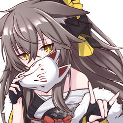  animal_ears bare_shoulders black_gloves brown_hair covering_own_mouth female fingerless_gloves fox_ears fox_mask fox_shadow_puppet fur_trim girls&#039;_frontline gloves hair_between_eyes hair_ribbon japanese_clothes kemonomimi_mode kimono long_hair looking_at_viewer mask off_shoulder official_alternate_costume ribbon scar scar_across_eye scar_on_face solo ump45_(girls&#039;_frontline) ump45_(lonely_traveler_of_eternity)_(girls&#039;_frontline) yellow_eyes yuki_shiro 