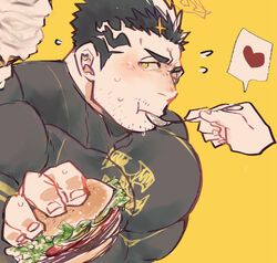  1boy bad_id bad_pixiv_id bara blush bodysuit burger cheek_bulge disembodied_hand facial_hair feeding fire flaming_halo food halo heart holding holding_food large_pectorals looking_at_viewer male_focus mature_male muscular muscular_male pectorals po_fu short_hair sideburns skin_tight spoken_heart stubble tokyo_afterschool_summoners unfinished upper_body yellow_background zabaniyya_(housamo) 