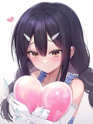  balloon bare_shoulders black_hair blue_dress blush braid breasts brown_eyes closed_mouth dress elbow_gloves fate/kaleid_liner_prisma_illya fate_(series) female gloves gradient_background grey_background hair_ornament hairclip heart heart_balloon highres long_hair looking_at_viewer low_twin_braids md5_mismatch miyu_edelfelt small_breasts smile solo taro_(ultrataro) twin_braids upper_body white_gloves 