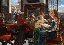  1boy 2girls blonde_hair book brown_hair curly_hair day desk dress fur_trim hourglass indoors instrument jane_mere long_dress long_hair lute_(instrument) medium_hair multiple_girls music orange_hair original photoshop_(medium) playing_instrument reading renaissance renaissance_clothes signature sitting very_long_hair window 