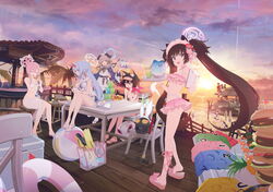  6+girls animal_ears assault_rifle bad_link ball beachball bench bikini blue_archive blush breasts burger chise_(blue_archive) chise_(swimsuit)_(blue_archive) cleavage closed_eyes cloud collarbone cup dog_ears drinking_glass flag flip-flops food fox_ears fox_tail frilled_bikini frills fruit full_body game_cg gun hair_ornament halo hammer helmet helmet_gang_officer_(blue_archive) helmet_gangster_(blue_archive) highres howa_type_89 izuna_(blue_archive) izuna_(swimsuit)_(blue_archive) kanzashi long_hair looking_at_viewer maid maid_headdress mask medium_breasts mimori_(blue_archive) mimori_(swimsuit)_(blue_archive) motorcycle_helmet multiple_girls official_alternate_costume official_art pineapple pink_halo rifle sandals seaside_sukeban_(mg)_(blue_archive) seaside_sukeban_(smg)_(blue_archive) seicoh shizuko_(blue_archive) shizuko_(swimsuit)_(blue_archive) side-tie_bikini_bottom sky sunglasses sunset swimsuit table tail takoyaki twintails umika_(blue_archive) visor_cap wa_maid weapon 