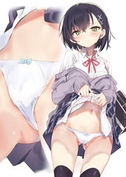  absurdres ass_visible_through_thighs bag black_hair black_legwear black_skirt blush bow bow_panties cardigan close-up closed_mouth collared_shirt commentary_request crossed_bangs female green_eyes grey_cardigan hair_between_eyes hair_ornament highres junior_(toshizou) lifting_own_clothes long_sleeves looking_at_viewer multiple_views navel original panties pleated_skirt school_bag school_uniform shirt short_hair simple_background skirt standing stomach thighhighs thighs toshizou_(0714) underwear uniform white_background white_panties white_shirt x_hair_ornament 